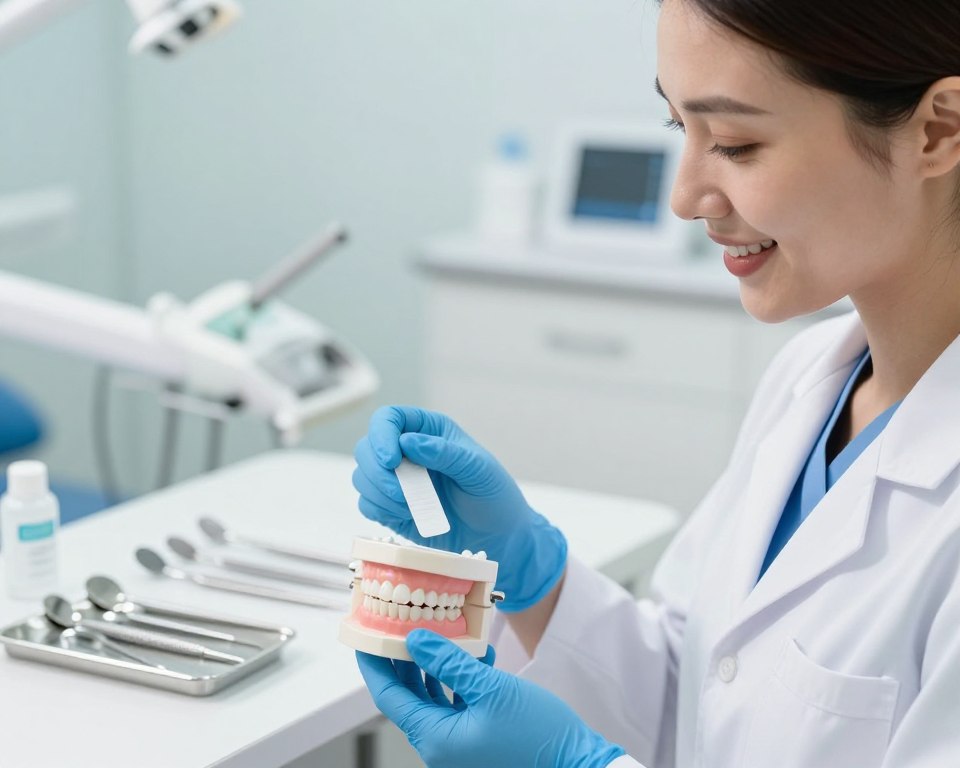 A visually appealing educational dental display focused on teeth whitening strips, prominently featuring a close-up of a set of healthy teeth with strips placed on them. In the foreground, a dental professional, dressed in a crisp white lab coat and blue gloves, examines the teeth with a gentle smile, demonstrating care and expertise. The middle ground should showcase dental tools neatly arranged on a clean, organized table, accentuating a professional environment. In the background, a softly blurred dental office setting with gentle lighting creates a calm atmosphere, enhancing the educational context. Use bright, inviting colors and a slightly angled view to give a sense of depth, ensuring the image reflects a positive and informative demeanor about dental care.