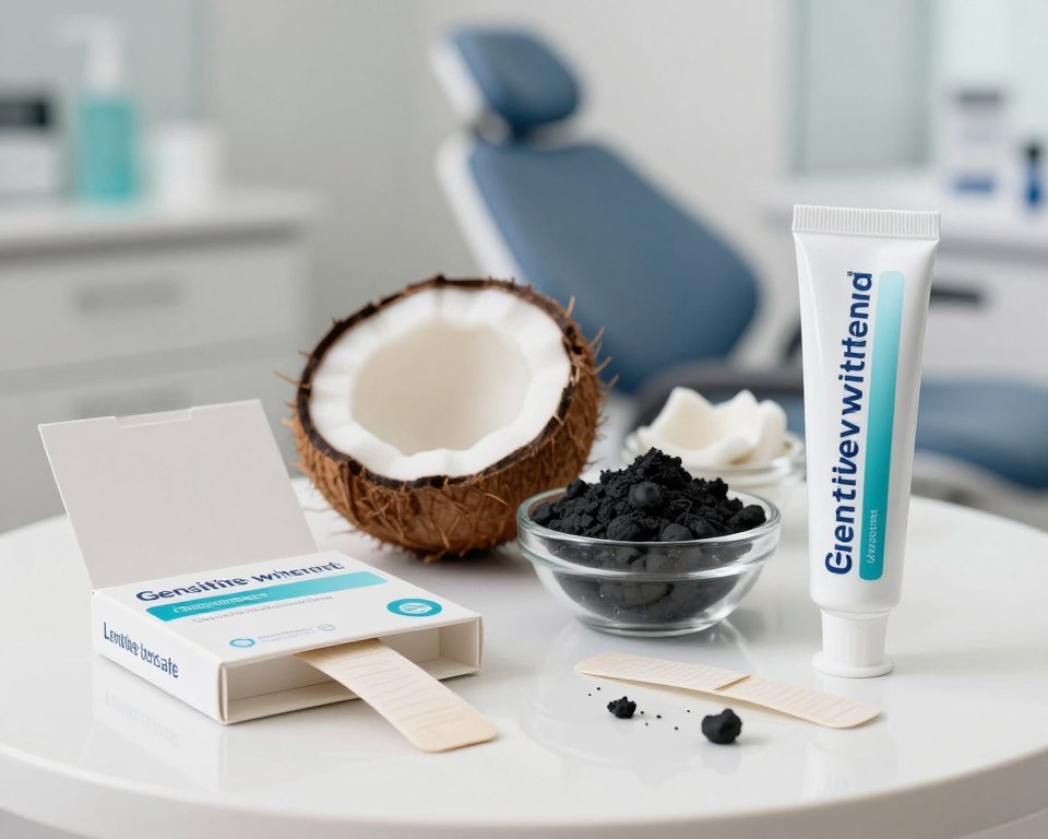 A visually appealing layout showcasing various teeth whitening products designed for individuals with sensitive gums, including whitening strips, gels, and natural remedies. In the foreground, feature an open box of gentle teeth whitening strips, elegantly displayed next to a tube of sensitive-safe whitening gel. In the middle ground, incorporate fresh ingredients like coconut oil and activated charcoal as natural options, surrounded by small bowls holding these items. The background should display a calming dental office setting with soft lighting, suggesting a comforting atmosphere. Use a slight depth of field to focus on the whitening products while softly blurring the background. The mood should convey health, care, and wellness, emphasizing a professional yet inviting environment.