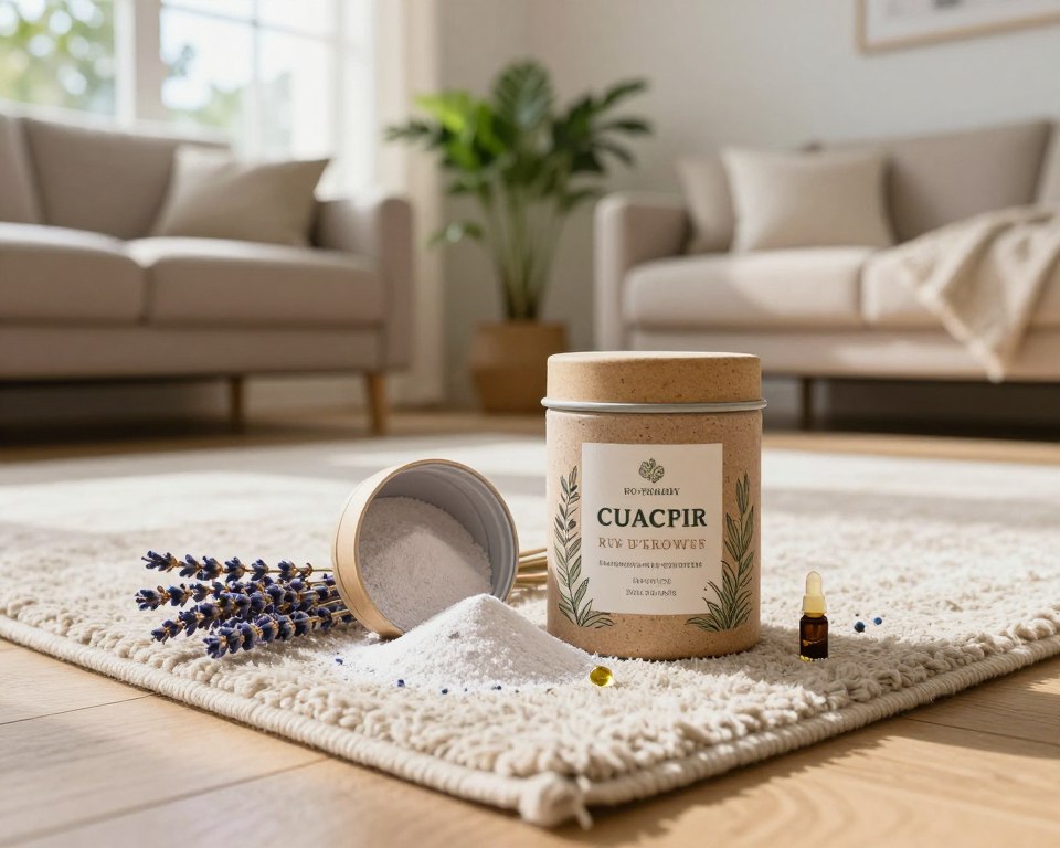 A visually appealing scene showcasing a container of eco-friendly rug deodorizer powder, set in a sunlit living room. The container, made of recycled materials, features earthy colors and botanical designs, emphasizing its natural ingredients. In the foreground, the open container reveals the fine powder, surrounded by scattered dried lavender and essential oil droplets, adding to its aromatic appeal. In the middle, a soft, plush rug lies on a wooden floor, accentuating its cleanliness and inviting texture. The background features a cozy couch adorned with green plants and large windows allowing natural daylight to filter in, creating a warm and inviting atmosphere. The overall mood is fresh and serene, highlighting the importance of indoor air quality and sustainability. A visually appealing scene showcasing a container of eco-friendly rug deodorizer powder, set in a sunlit living room. The container, made of recycled materials, features earthy colors and botanical designs, emphasizing its natural ingredients. In the foreground, the open container reveals the fine powder, surrounded by scattered dried lavender and essential oil droplets, adding to its aromatic appeal. In the middle, a soft, plush rug lies on a wooden floor, accentuating its cleanliness and inviting texture. The background features a cozy couch adorned with green plants and large windows allowing natural daylight to filter in, creating a warm and inviting atmosphere. The overall mood is fresh and serene, highlighting the importance of indoor air quality and sustainability.