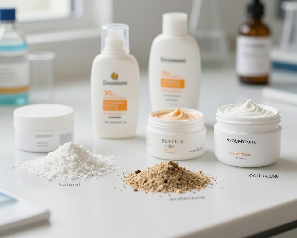 A visually captivating close-up of various sunscreen ingredients displayed on a clean, bright countertop. In the foreground, arrange an assortment of natural and chemical ingredients like zinc oxide, titanium dioxide, avobenzone, and octinoxate. Label each ingredient subtly in elegant, small fonts without distractions. In the middle ground, include sleek, modern containers of sunscreen, some open to reveal creamy textures. The background should feature soft focus elements of a laboratory setting, suggesting research and purity. Use soft, natural lighting to create a fresh and inviting atmosphere, emphasizing clarity and safety. The composition should evoke a sense of trust and knowledge, suitable for educating the audience about sunscreen ingredients.