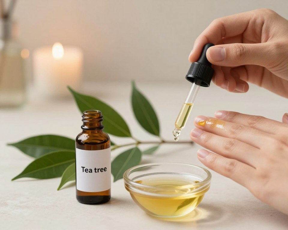 A visually captivating depiction of tea tree oil on skin, emphasizing the importance of dilution. In the foreground, a glass dropper bottle of tea tree oil with its label clearly showing is positioned next to a small bowl containing a mix of the oil and a carrier oil, like coconut or jojoba. A gentle hand applies the diluted oil on a soft, glowing cheek, showcasing healthy skin texture. The middle ground features fresh tea tree leaves elegantly arranged, highlighting the natural source of the oil. In the background, a calming, softly lit bathroom setting with neutral colors enhances the mood of tranquility and wellness. The lighting is warm, creating an inviting atmosphere, and the focus is sharp, with a slight blur on the edges for a soft, professional finish.