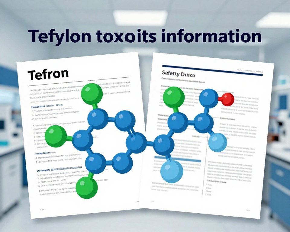 A visually compelling representation of "Teflon toxicity information," focusing on the chemical structure of Teflon in the foreground, showcasing its molecular composition in vibrant shades of blue and green. In the middle ground, incorporate illustrations of safety data sheets and regulatory standards documents, designed to look professional and informative. The background should feature a soft-focus laboratory setting, conveying a sense of scientific inquiry. Use bright, but diffused lighting to enhance clarity and detail, with a slight emphasis on the molecular structure to symbolize the complexity of Teflon and its potential risks. The atmosphere should feel educational and serious, inviting viewers to reflect on safety and regulations surrounding Teflon. A visually compelling representation of "Teflon toxicity information," focusing on the chemical structure of Teflon in the foreground, showcasing its molecular composition in vibrant shades of blue and green. In the middle ground, incorporate illustrations of safety data sheets and regulatory standards documents, designed to look professional and informative. The background should feature a soft-focus laboratory setting, conveying a sense of scientific inquiry. Use bright, but diffused lighting to enhance clarity and detail, with a slight emphasis on the molecular structure to symbolize the complexity of Teflon and its potential risks. The atmosphere should feel educational and serious, inviting viewers to reflect on safety and regulations surrounding Teflon.