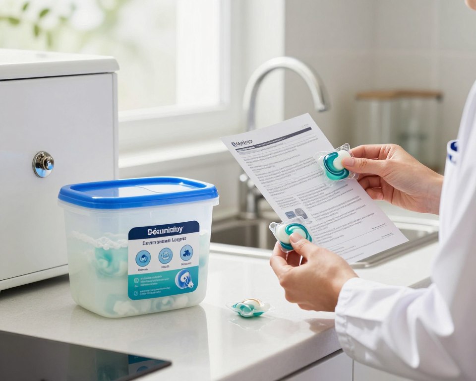 A visually compelling scene focused on safety recommendations for handling concentrated laundry pods. In the foreground, a neatly organized kitchen countertop displays a laundry pod container with a childproof cap and a locked cabinet in the background, emphasizing safe storage. A pair of hands in professional attire, demonstrating proper usage, gently hold a laundry pod while reading an instruction manual. The middle ground showcases a warning label clearly illustrated on the container, with visual icons indicating safety precautions. The background features a bright, well-lit kitchen environment, conveying a clean and safe atmosphere. Soft, natural light filters in from a window, enhancing the overall sense of security and care. The image conveys a mood of vigilance and responsibility in household safety practices.