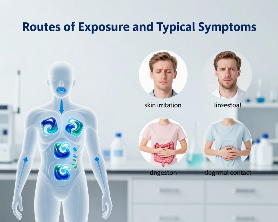 A visually engaging and informative illustration depicting "Routes of Exposure and Typical Symptoms" related to concentrated laundry pods and liquid detergent. In the foreground, include an anatomical figure outlined in a semi-transparent style, showcasing various exposure pathways (inhalation, ingestion, dermal contact) highlighted with arrows and icons. The middle layer should show common symptoms like skin irritation, respiratory distress, and gastrointestinal issues, represented with subtle imagery like a distressed face or a hand on the stomach, ensuring these elements are appropriate and professional. The background should feature a clean, minimalist laboratory setting with soft lighting to create a clinical atmosphere, evoking a sense of seriousness and scientific inquiry. Use a lens perspective that focuses clearly on the subject, maintaining a bright and informative mood without any text or overlays.