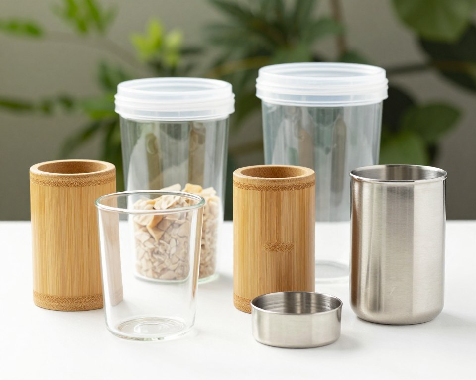 A visually engaging comparison of Tritan plastic alternatives displayed prominently. In the foreground, showcase a variety of eco-friendly materials such as bamboo, glass, and stainless steel, artistically arranged on a clean, white surface. The middle ground features containers made from these alternatives, highlighting their textures and characteristics, like the smooth finish of glass and the rich grain of bamboo. In the background, a softly blurred natural setting with greenery reflects the eco-conscious aspect. Use bright, natural lighting to emphasize the materials' colors and details, with a subtle depth of field to draw focus to the alternatives. Convey a mood of sustainability and innovation, inviting viewers to explore the benefits of these options. A visually engaging comparison of Tritan plastic alternatives displayed prominently. In the foreground, showcase a variety of eco-friendly materials such as bamboo, glass, and stainless steel, artistically arranged on a clean, white surface. The middle ground features containers made from these alternatives, highlighting their textures and characteristics, like the smooth finish of glass and the rich grain of bamboo. In the background, a softly blurred natural setting with greenery reflects the eco-conscious aspect. Use bright, natural lighting to emphasize the materials' colors and details, with a subtle depth of field to draw focus to the alternatives. Convey a mood of sustainability and innovation, inviting viewers to explore the benefits of these options.