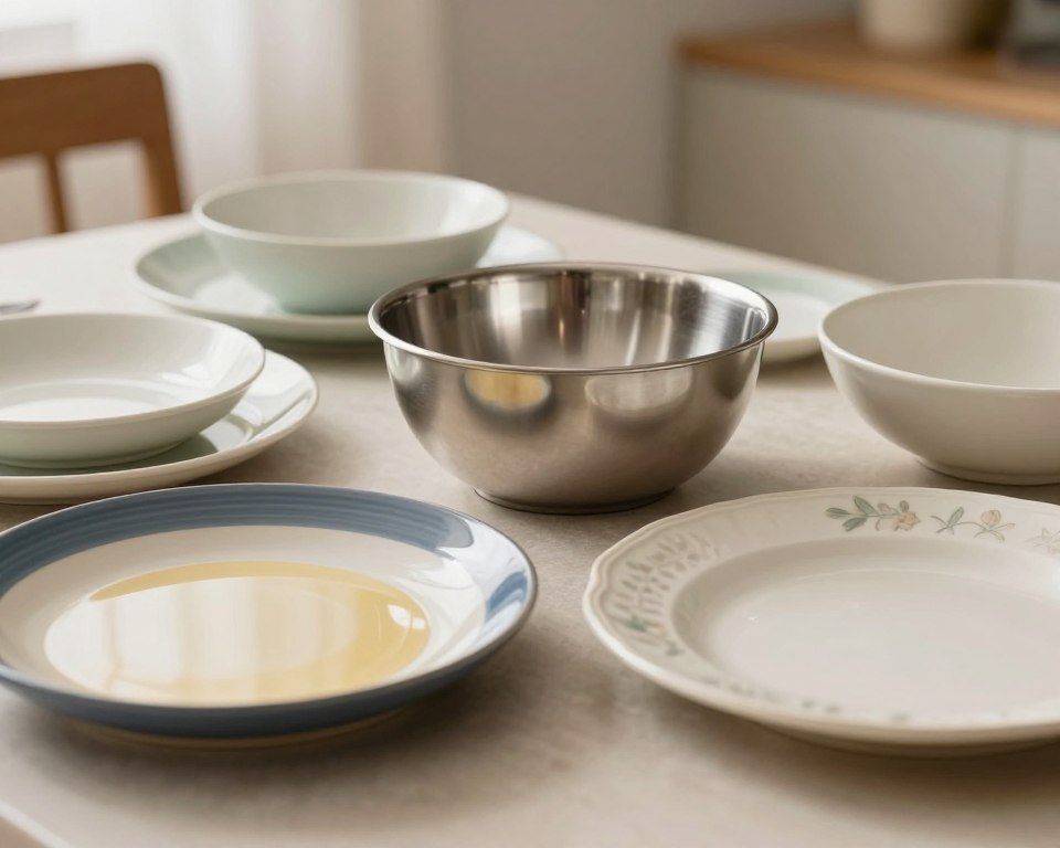 A visually engaging comparison of melamine dinnerware and alternative materials like ceramic and stainless steel. In the foreground, display an elegant melamine plate featuring bold colors and a glossy finish next to a classic ceramic plate with subtle floral designs. In the middle, include a stainless steel bowl, reflecting light with a modern aesthetic. The background should show a stylish dining table set in a softly lit room, creating an inviting atmosphere. Use warm, diffused lighting to enhance the textures of each dinnerware type. Capture the image with a shallow depth of field to focus on the details of the dishes, generating a harmonious and informative visual that highlights the differences between these materials.