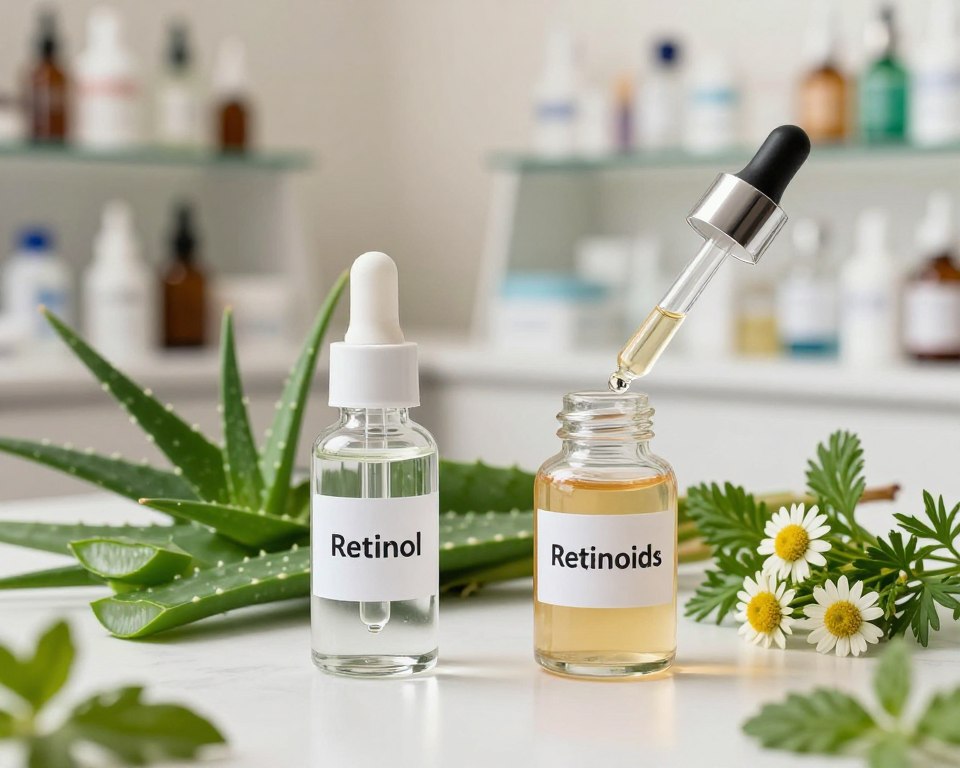 A visually engaging comparison of retinol and retinoids for skincare, set in a beautifully arranged cosmetic laboratory. In the foreground, two elegant glass containers: one filled with a clear serum labeled 'Retinol' and the other with a light amber gel labeled 'Retinoids', both adorned with precision droppers. In the middle ground, an assortment of lush green botanical elements like aloe vera and chamomile, symbolizing natural ingredients, artfully arranged around the containers. The background features softly blurred shelves lined with skincare products, illuminated by warm, natural lighting that creates a calming atmosphere. The camera angle is slightly top-down, capturing the essence of professionalism and tranquility in skincare. The mood is inviting, encouraging viewers to explore the nuances between these two powerful skincare ingredients.