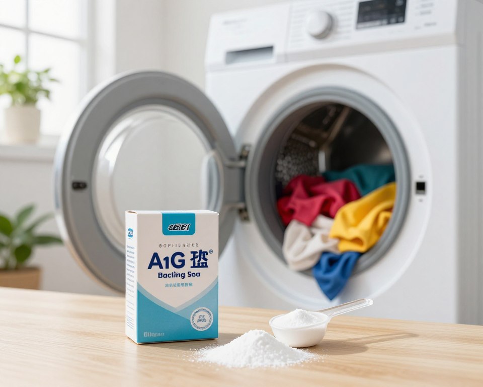 A visually engaging composition focusing on a clean and organized laundry space. In the foreground, a box of baking soda is prominently displayed, with a few scattered tablespoons of the powder to emphasize its use in laundry. The middle ground features a washing machine, partially open, containing a vibrant pile of freshly washed clothes, depicting a variety of colors. In the background, soft sunlight streams in through a window, illuminating the clean surroundings and a potted plant for a touch of greenery. The overall atmosphere is bright, fresh, and homey, suggesting a safe and healthy laundry environment. The scene should be captured with a warm, inviting light that evokes a sense of cleanliness and care for septic health, using a slightly elevated angle for depth.