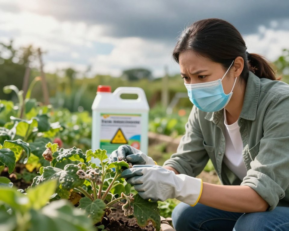 A visually engaging composition showcasing the health hazards associated with garden fungicide exposure. In the foreground, a concerned gardener in modest casual clothing examines wilted plants with visible fungal growth, wearing protective gloves and a mask, symbolizing caution. In the middle ground, a blurred container of garden fungicide is placed discreetly, with warning symbols illustrated on the label. Surrounding the scene, vibrant green garden foliage contrasts with the unhealthy plants, reflecting the duality of nature. The background features a sunny, bright sky, but ominous storm clouds are subtly creeping in, suggesting danger. The image has a shallow depth of field, focusing primarily on the gardener's expression of concern, with soft, natural lighting highlighting the vulnerability of the plants. The mood is tense yet informative, urging an awareness of the risks involved with fungicide use.