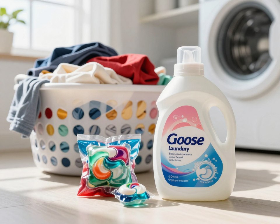 A visually engaging composition that contrasts liquid laundry detergent and concentrated laundry pods. In the foreground, a clear glass bottle of liquid detergent with a vibrant label stands next to a colorful pack of concentrated pods, revealing their inner shapes. The middle ground features a laundry basket overflowing with fresh, folded laundry, showcasing a mix of colors and fabrics. The background includes a bright, modern laundry room with clean surfaces and natural light streaming through a window, creating a warm and inviting atmosphere. Soft shadows enhance the scene, with a shallow depth of field focusing on the detergent products. The mood is informative and calm, inviting viewers to explore the nuances of laundry detergents.