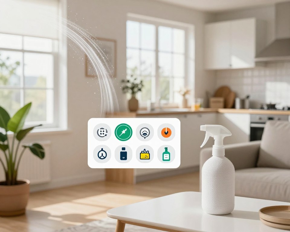 A visually engaging educational representation of household safety and air quality. In the foreground, a well-organized living room with a clean, modern design, showcasing a safe environment: a potted plant, a closed window with fresh air flowing, and a fabric refresher spray on a table, symbolizing caution. In the middle, an infographic illustrating air quality indicators, such as carbon monoxide levels and VOCs, alongside diverse icons representing safety techniques (e.g., smoke detectors, cleaning products). The background features an inviting, bright kitchen with soft, natural lighting through the windows, creating a warm and informative atmosphere. Capture this scene from a slight high angle to provide depth, ensuring a clear focus on both safety and air quality elements without any text or overlays.
