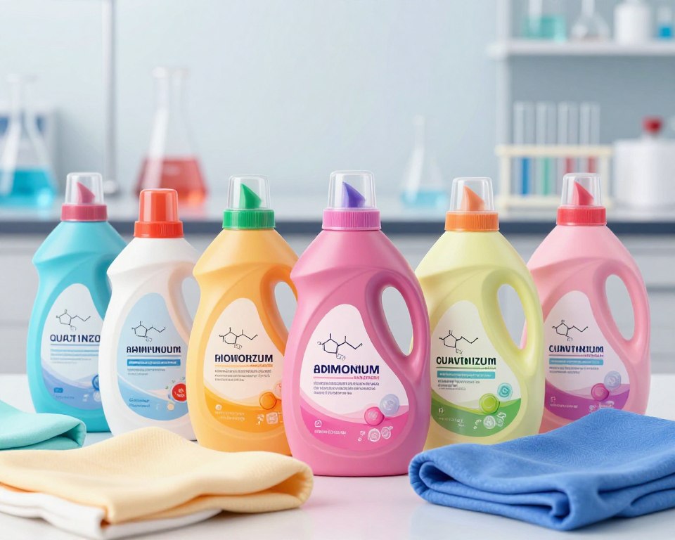 A visually engaging illustration depicting quaternized ammonium compounds commonly found in US fabric softeners. In the foreground, an array of colorful, modern fabric softener bottles, each labeled with chemical structures representing quaternized ammonium compounds. The middle zone features vibrant fabric swatches, contrasting softness and texture, showcasing how these compounds enhance fabric feel. In the background, a laboratory setting with beakers and test tubes hinting at chemical processes, with soft, diffused lighting creating a clean and professional atmosphere. The image should have a slight depth of field effect to emphasize the bottles and fabrics, conveying a mood of scientific inquiry and consumer awareness. The overall composition aims to balance a sense of innovation with the everyday context of household products.