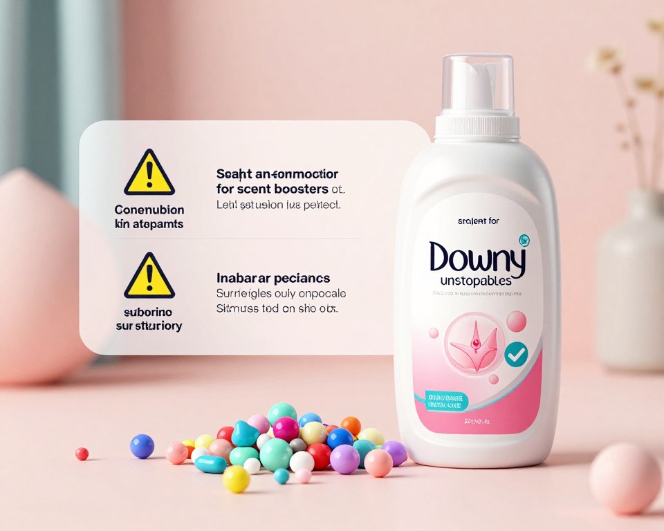 A visually engaging illustration depicting the safety information for scent boosters like Downy Unstopables, emphasizing their implications for sensitive skin. In the foreground, feature a collection of colorful scent booster beads in various shapes and sizes, presented in a clean, modern setting. The middle ground should include an infographic-style layout highlighting key safety information, using icons and symbols such as a skin sensitivity warning and a checkmark for safety. In the background, soft pastel colors create a calming atmosphere, suggesting comfort and reassurance. Illuminate the scene with soft, diffused lighting to evoke a gentle and informative ambiance. The overall tone should be professional yet approachable, making the viewer feel informed and safe about the product's use. A visually engaging illustration depicting the safety information for scent boosters like Downy Unstopables, emphasizing their implications for sensitive skin. In the foreground, feature a collection of colorful scent booster beads in various shapes and sizes, presented in a clean, modern setting. The middle ground should include an infographic-style layout highlighting key safety information, using icons and symbols such as a skin sensitivity warning and a checkmark for safety. In the background, soft pastel colors create a calming atmosphere, suggesting comfort and reassurance. Illuminate the scene with soft, diffused lighting to evoke a gentle and informative ambiance. The overall tone should be professional yet approachable, making the viewer feel informed and safe about the product's use.