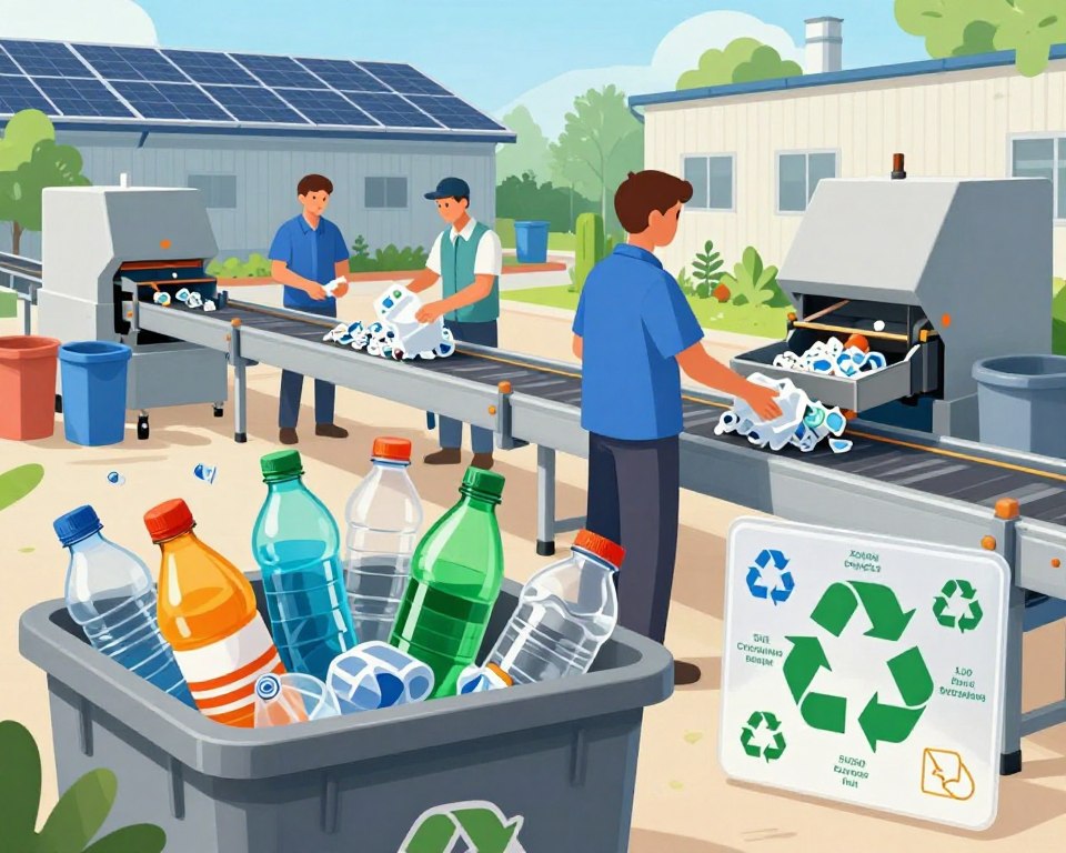 A visually engaging illustration depicting various PET plastic recycling options. In the foreground, show a recycling bin filled with colorful PET plastic bottles, some crushed and some intact, alongside a clear infographic highlighting common recycling symbols. In the middle ground, feature workers in professional attire sorting through PET plastics, emphasizing teamwork and collaboration. Surround them with tools such as conveyor belts and sorting machines. In the background, create a factory setting with solar panels on the roof and greenery, symbolizing sustainable practices. The lighting should be bright and natural, suggesting a clean, eco-friendly environment. The overall mood conveys hopefulness and progress in plastic recycling efforts. A visually engaging illustration depicting various PET plastic recycling options. In the foreground, show a recycling bin filled with colorful PET plastic bottles, some crushed and some intact, alongside a clear infographic highlighting common recycling symbols. In the middle ground, feature workers in professional attire sorting through PET plastics, emphasizing teamwork and collaboration. Surround them with tools such as conveyor belts and sorting machines. In the background, create a factory setting with solar panels on the roof and greenery, symbolizing sustainable practices. The lighting should be bright and natural, suggesting a clean, eco-friendly environment. The overall mood conveys hopefulness and progress in plastic recycling efforts.
