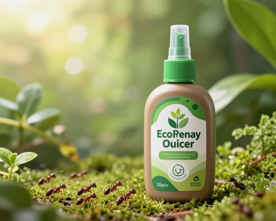A visually engaging image of an eco-friendly ant killer product displayed prominently in the foreground, featuring a sleek, biodegradable bottle with a green and earthy design. The middle ground should include a scattering of tiny, harmless-looking ants indicating their presence, while a lush, vibrant plant setting reflects the eco-conscious theme. In the background, soft sunlight filters through leaves, creating a warm and inviting atmosphere. The lighting should highlight the textures of the bottle and the shiny surface of the ants, emphasizing the product’s safety and efficiency. The scene conveys a feeling of harmony with nature, suggesting a toxin-free solution for ant control, ideal for an environmentally aware audience. A visually engaging image of an eco-friendly ant killer product displayed prominently in the foreground, featuring a sleek, biodegradable bottle with a green and earthy design. The middle ground should include a scattering of tiny, harmless-looking ants indicating their presence, while a lush, vibrant plant setting reflects the eco-conscious theme. In the background, soft sunlight filters through leaves, creating a warm and inviting atmosphere. The lighting should highlight the textures of the bottle and the shiny surface of the ants, emphasizing the product’s safety and efficiency. The scene conveys a feeling of harmony with nature, suggesting a toxin-free solution for ant control, ideal for an environmentally aware audience.