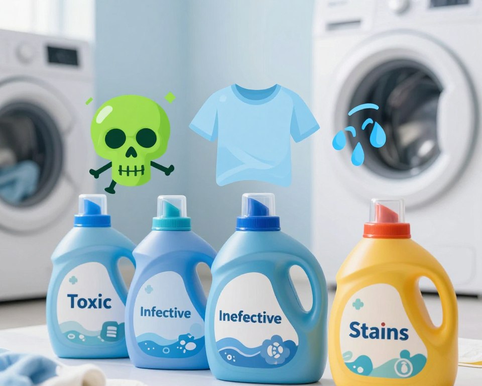 A visually engaging infographic illustrating common myths about optical brighteners. In the foreground, a set of colorful, stylized laundry detergent bottles labeled with various mythic keywords such as “Toxic,” “Ineffective,” and “Stains.” In the middle, an arrangement of whimsical, cartoon-like symbols representing each myth, such as a toxic skull for toxicity and a faded shirt for effectiveness. The background should feature a soft wash of blues and whites, evoking a clean and fresh laundry environment. Natural lighting illuminates the scene, enhancing the vibrancy of the colors, and giving an inviting feel. The angle should be slightly tilted downwards to capture both the bottles and myth symbols effectively, creating a dynamic composition that sparks curiosity. A visually engaging infographic illustrating common myths about optical brighteners. In the foreground, a set of colorful, stylized laundry detergent bottles labeled with various mythic keywords such as “Toxic,” “Ineffective,” and “Stains.” In the middle, an arrangement of whimsical, cartoon-like symbols representing each myth, such as a toxic skull for toxicity and a faded shirt for effectiveness. The background should feature a soft wash of blues and whites, evoking a clean and fresh laundry environment. Natural lighting illuminates the scene, enhancing the vibrancy of the colors, and giving an inviting feel. The angle should be slightly tilted downwards to capture both the bottles and myth symbols effectively, creating a dynamic composition that sparks curiosity.