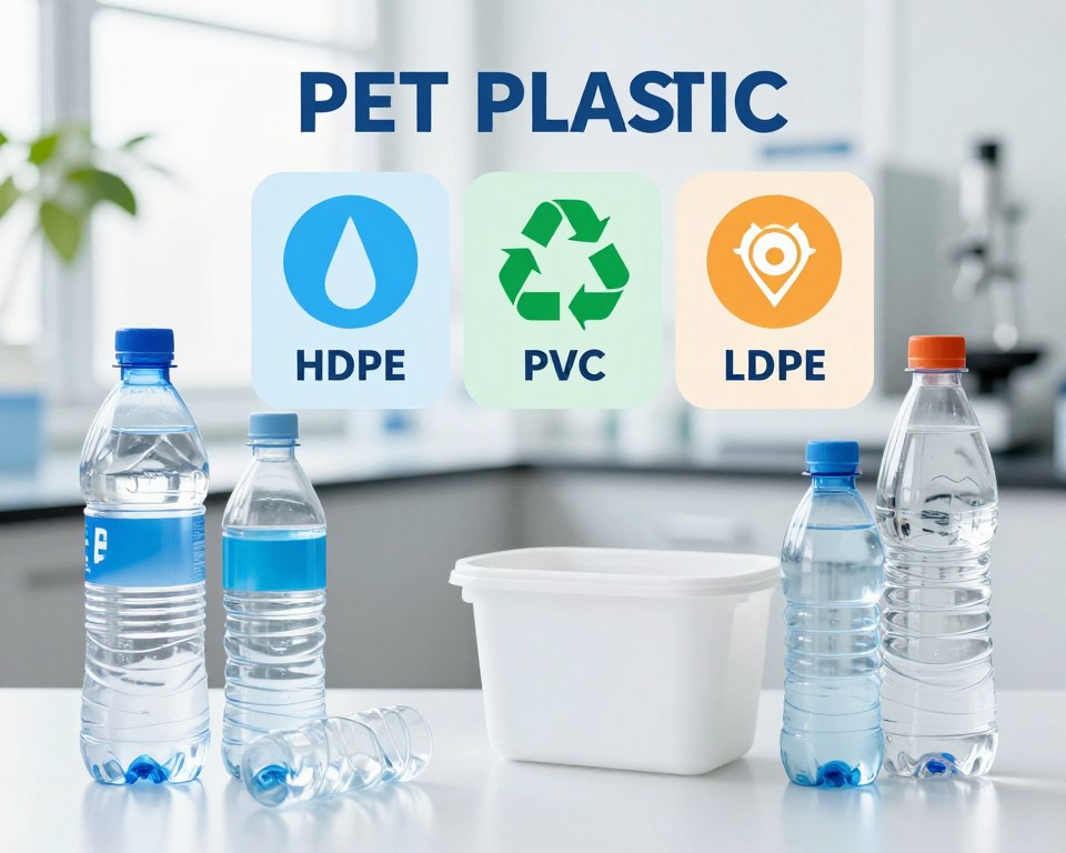 A visually engaging infographic illustrating the benefits of PET plastic in comparison to other plastic types. In the foreground, showcase various PET plastic items, such as bottles and containers, arranged artistically. In the middle ground, display comparative icons representing other plastics like HDPE, PVC, and LDPE, each highlighted to show differences in safety, recyclability, and environmental impact. The background should feature a clean, modern laboratory setting with subtle green plants, indicating a focus on sustainability. The lighting should be bright and natural, suggesting a positive and informative atmosphere. Use a slight overhead angle to enhance visual dynamism without overcrowding the composition. The overall mood should be optimistic, professional, and educational, promoting the benefits of PET plastic clearly. A visually engaging infographic illustrating the benefits of PET plastic in comparison to other plastic types. In the foreground, showcase various PET plastic items, such as bottles and containers, arranged artistically. In the middle ground, display comparative icons representing other plastics like HDPE, PVC, and LDPE, each highlighted to show differences in safety, recyclability, and environmental impact. The background should feature a clean, modern laboratory setting with subtle green plants, indicating a focus on sustainability. The lighting should be bright and natural, suggesting a positive and informative atmosphere. Use a slight overhead angle to enhance visual dynamism without overcrowding the composition. The overall mood should be optimistic, professional, and educational, promoting the benefits of PET plastic clearly.