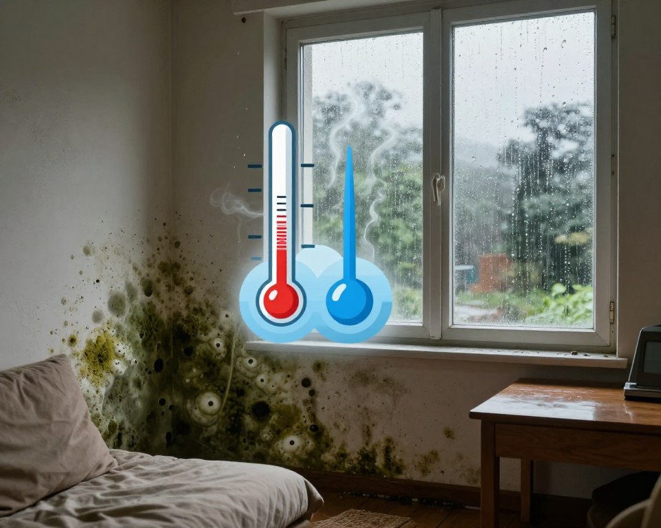 A visually engaging, informative scene depicting the relationship between air humidity and mold exposure. In the foreground, a split view showing a humid indoor environment with visible mold growth on walls and furniture. In the middle ground, a high-contrast graphic representation of humidity levels, illustrated with rising water vapor and a thermometer indicating high humidity. In the background, a window displaying a dreary, rain-soaked outdoor landscape emphasizing high moisture levels. Bright, natural lighting filters through the window, creating a stark contrast between the dim, moldy interior and the overcast outside. The atmosphere is serious and educational, designed to evoke concern and awareness about mold and humidity. A visually engaging, informative scene depicting the relationship between air humidity and mold exposure. In the foreground, a split view showing a humid indoor environment with visible mold growth on walls and furniture. In the middle ground, a high-contrast graphic representation of humidity levels, illustrated with rising water vapor and a thermometer indicating high humidity. In the background, a window displaying a dreary, rain-soaked outdoor landscape emphasizing high moisture levels. Bright, natural lighting filters through the window, creating a stark contrast between the dim, moldy interior and the overcast outside. The atmosphere is serious and educational, designed to evoke concern and awareness about mold and humidity.