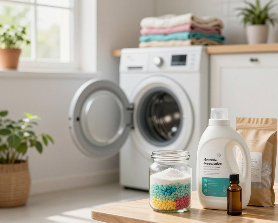 A visually engaging kitchen scene showcasing the benefits of homemade laundry detergent. In the foreground, a stylish glass jar filled with vibrant, colorful laundry detergent ingredients like baking soda, washing soda, and essential oils, surrounded by eco-friendly packaging. In the middle, a clean and inviting laundry area with a modern washing machine and neatly folded, fresh laundry, emphasizing the idea of cleanliness and sustainability. The background features soft, natural sunlight streaming through a window, illuminating potted herbs and plants, creating a warm, cozy atmosphere. The overall mood is inviting and calming, highlighting the natural and safe benefits of homemade alternatives. The scene is framed with a shallow depth of field to emphasize the foreground elements. A visually engaging kitchen scene showcasing the benefits of homemade laundry detergent. In the foreground, a stylish glass jar filled with vibrant, colorful laundry detergent ingredients like baking soda, washing soda, and essential oils, surrounded by eco-friendly packaging. In the middle, a clean and inviting laundry area with a modern washing machine and neatly folded, fresh laundry, emphasizing the idea of cleanliness and sustainability. The background features soft, natural sunlight streaming through a window, illuminating potted herbs and plants, creating a warm, cozy atmosphere. The overall mood is inviting and calming, highlighting the natural and safe benefits of homemade alternatives. The scene is framed with a shallow depth of field to emphasize the foreground elements.