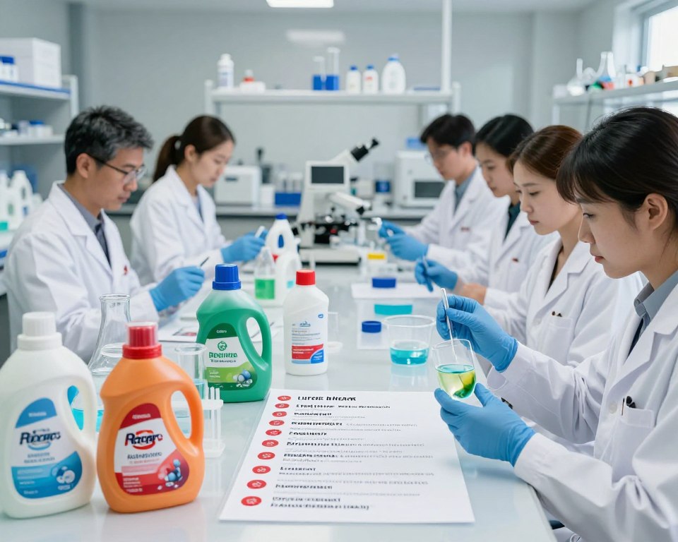 A visually engaging laboratory setting showcasing a detailed examination of laundry detergent ingredients. In the foreground, a diverse group of professionals in lab coats examines various detergent samples, focusing on microscopic views of enzymes. The middle ground features a large, clear table displaying labeled bottles of laundry detergent and a list of high-risk ingredients, each highlighted with red indicators. In the background, shelves filled with scientific equipment and soft, diffused lighting create an informative and serious atmosphere. A macro lens effect emphasizes the microscopic examination, capturing vibrant colors and textures of the ingredients under bright, clean lighting. This image conveys a sense of diligence in identifying potentially harmful substances for sensitive skin. A visually engaging laboratory setting showcasing a detailed examination of laundry detergent ingredients. In the foreground, a diverse group of professionals in lab coats examines various detergent samples, focusing on microscopic views of enzymes. The middle ground features a large, clear table displaying labeled bottles of laundry detergent and a list of high-risk ingredients, each highlighted with red indicators. In the background, shelves filled with scientific equipment and soft, diffused lighting create an informative and serious atmosphere. A macro lens effect emphasizes the microscopic examination, capturing vibrant colors and textures of the ingredients under bright, clean lighting. This image conveys a sense of diligence in identifying potentially harmful substances for sensitive skin.