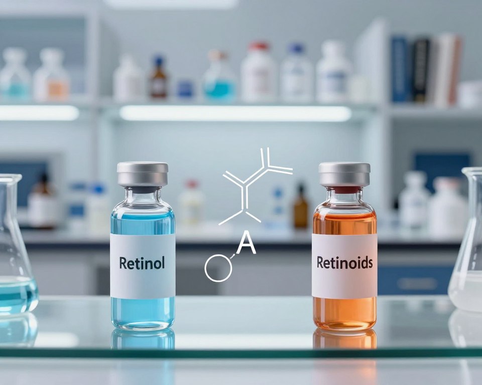 A visually engaging representation of the comparison between retinol and retinoids, set in a clean, well-lit laboratory environment. In the foreground, a sleek glass countertop displays two distinct vials: one labeled "Retinol" with a soft blue glow, and the other marked "Retinoids" emitting a warm orange light, symbolizing their differences. The middle section features a subtle molecular structure of Vitamin A in elegant lines, connecting the two vials. The background displays shelves lined with skincare products and scientific books, illuminated by soft overhead lighting. The overall atmosphere is educational and professional, conveying a sense of scientific discovery and clarity. The image should have a balanced composition, shot at eye level with a shallow depth of field to emphasize the vials while softly blurring the background.