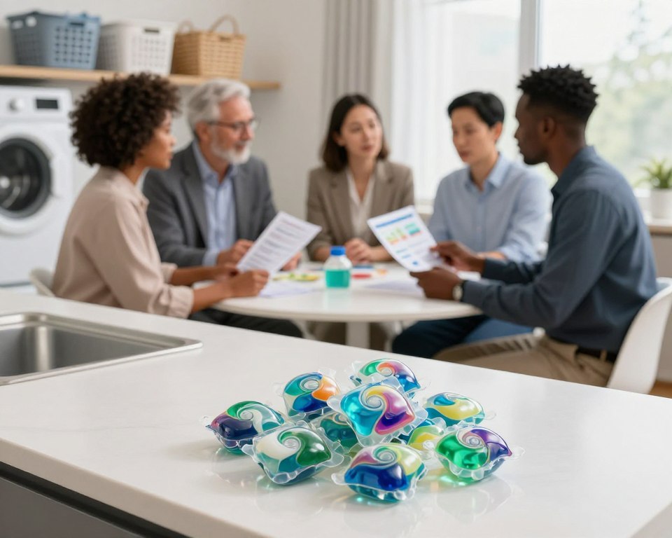 A visually engaging scene depicting a modern laundry room, emphasizing safety and awareness regarding laundry detergent pods. In the foreground, a well-lit countertop displays colorful, clearly labeled laundry pods, with a warning symbol subtly integrated into the design. In the middle ground, a diverse group of adults in professional attire gather around a table, engaging in a friendly discussion about laundry safety. One person holds an educational pamphlet, while another points to an infographic about preventing toxicity. In the background, a washing machine and neatly arranged laundry baskets suggest a clean and organized space. Soft, natural lighting creates a warm atmosphere, fostering a sense of community and responsibility in preventing detergent pod toxicity.