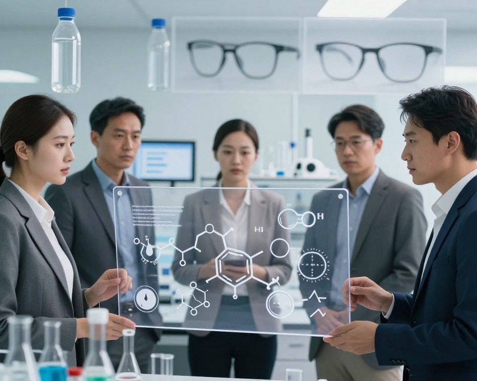 A visually engaging scene depicting the health effects of polycarbonate on human physiology. In the foreground, a diverse group of men and women, dressed in professional business attire, are observing a transparent polycarbonate sheet with various chemical structures and health icons illustrated on its surface. The middle ground shows a laboratory setting with scientific equipment, glassware, and a computer displaying research data. In the background, soft-focus images of everyday items made from polycarbonate, like water bottles and eyeglass lenses, illustrate its prevalence. The lighting is bright and clinical, with a slightly cool tone, enhancing the mood of inquiry and caution. The scene should evoke a sense of awareness and education regarding the potential health impacts, while maintaining a safe and professional aesthetic. A visually engaging scene depicting the health effects of polycarbonate on human physiology. In the foreground, a diverse group of men and women, dressed in professional business attire, are observing a transparent polycarbonate sheet with various chemical structures and health icons illustrated on its surface. The middle ground shows a laboratory setting with scientific equipment, glassware, and a computer displaying research data. In the background, soft-focus images of everyday items made from polycarbonate, like water bottles and eyeglass lenses, illustrate its prevalence. The lighting is bright and clinical, with a slightly cool tone, enhancing the mood of inquiry and caution. The scene should evoke a sense of awareness and education regarding the potential health impacts, while maintaining a safe and professional aesthetic.