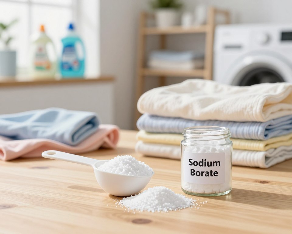 A visually engaging scene focusing on Borax and Sodium Borate in an American laundry environment. In the foreground, a clean, white measuring scoop filled with sparkling white Borax and a small glass container labeled "Sodium Borate," both resting on a pristine wooden table. In the middle ground, an arrangement of fresh, folded laundry in pastel colors, symbolizing freshness and cleanliness. The background features a softly blurred laundry room with shelves displaying various laundry boosters and detergents, illuminated by warm, natural light streaming through a nearby window. The overall atmosphere conveys a sense of safety and purity, emphasizing a wholesome and family-friendly environment. The lens captures a slightly elevated angle, focusing on the products and inviting viewers into the space.