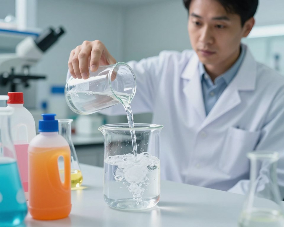 A visually engaging split scene illustrating the effectiveness of cold water detergent in a scientific context. In the foreground, a clear glass beaker filled with cold water, surrounded by vibrant colors of different detergent options, emphasizing their texture and properties. In the middle ground, a lab technician in professional attire, carefully pouring detergent into the beaker, with a focused expression that conveys meticulousness. In the background, a softly blurred laboratory setting filled with scientific equipment and research materials, radiating a clean and organized atmosphere. Soft, natural lighting enhances the clarity of the glassware and the colorful detergents, creating a mood of curiosity and exploration, with an angled view that invites the viewer into the scientific investigation. A visually engaging split scene illustrating the effectiveness of cold water detergent in a scientific context. In the foreground, a clear glass beaker filled with cold water, surrounded by vibrant colors of different detergent options, emphasizing their texture and properties. In the middle ground, a lab technician in professional attire, carefully pouring detergent into the beaker, with a focused expression that conveys meticulousness. In the background, a softly blurred laboratory setting filled with scientific equipment and research materials, radiating a clean and organized atmosphere. Soft, natural lighting enhances the clarity of the glassware and the colorful detergents, creating a mood of curiosity and exploration, with an angled view that invites the viewer into the scientific investigation.