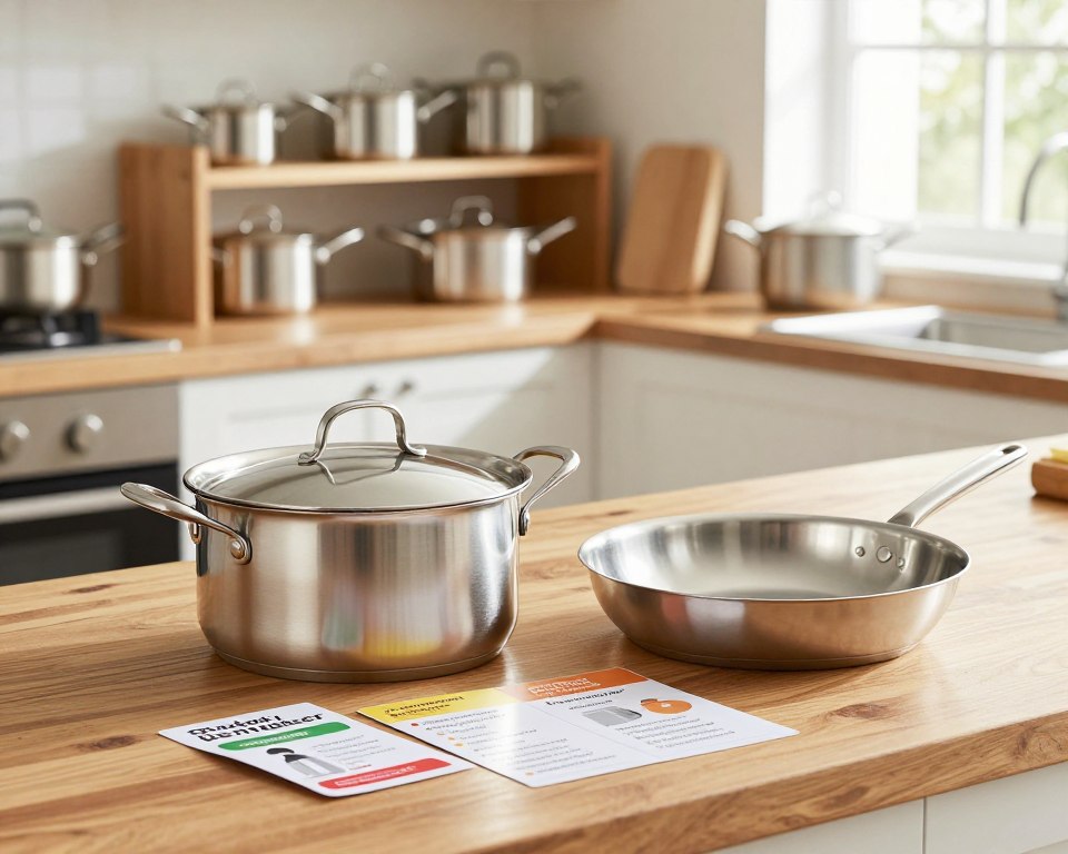 A visually engaging still-life composition focused on aluminum cookware safety tips. In the foreground, a shiny aluminum pot and pan sit on a wooden kitchen countertop, their surfaces reflecting soft, warm light. Beside them, neatly arranged are colorful, labeled safety tip cards featuring key points about storage considerations, such as avoiding stacking to prevent scratches and using protective liners. The middle ground shows a well-organized kitchen shelf with various styles of aluminum cookware, all in pristine condition. The background features a cozy, modern kitchen ambiance, with soft, natural light streaming in through a window, creating a calm and informative atmosphere. The image is shot from a slightly elevated angle to capture both the cookware and safety tips clearly, evoking a sense of warmth and safety in the kitchen environment. A visually engaging still-life composition focused on aluminum cookware safety tips. In the foreground, a shiny aluminum pot and pan sit on a wooden kitchen countertop, their surfaces reflecting soft, warm light. Beside them, neatly arranged are colorful, labeled safety tip cards featuring key points about storage considerations, such as avoiding stacking to prevent scratches and using protective liners. The middle ground shows a well-organized kitchen shelf with various styles of aluminum cookware, all in pristine condition. The background features a cozy, modern kitchen ambiance, with soft, natural light streaming in through a window, creating a calm and informative atmosphere. The image is shot from a slightly elevated angle to capture both the cookware and safety tips clearly, evoking a sense of warmth and safety in the kitchen environment.