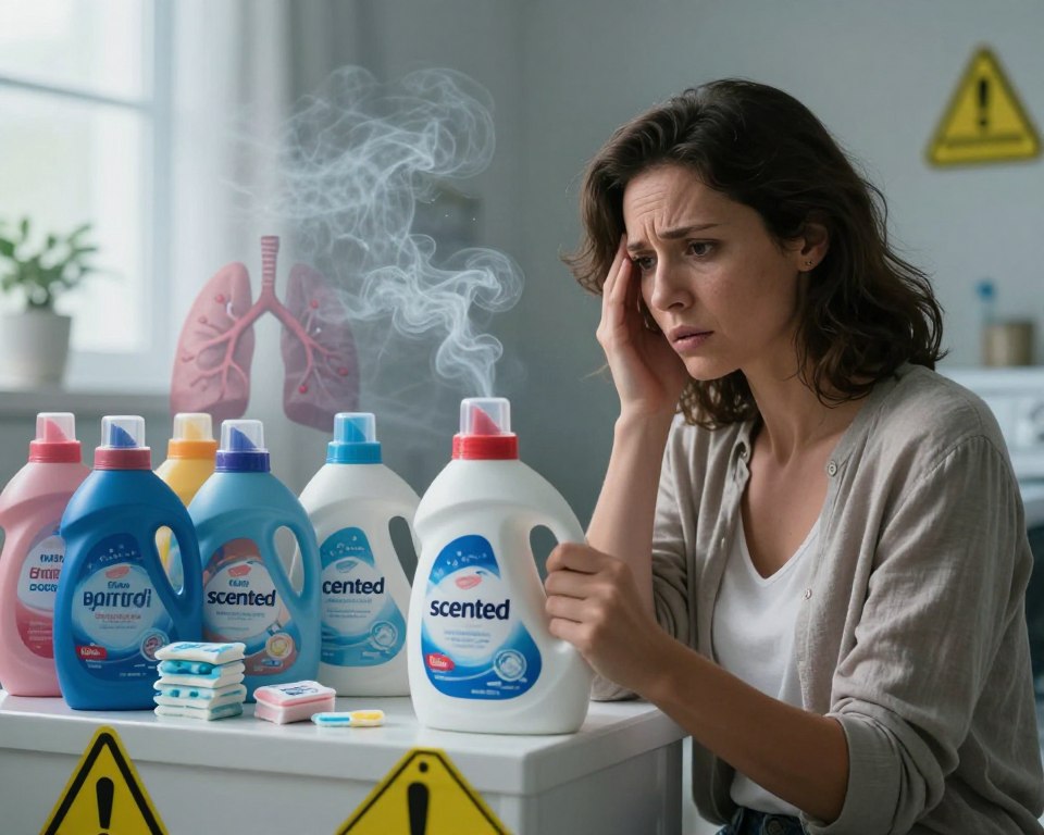 A visually impactful concept illustrating the health risks associated with phthalate exposure from scented laundry products. In the foreground, a worried woman in modest casual attire examines a bottle of laundry detergent with a prominent "scented" label, surrounded by caution signs. In the middle ground, a varied assortment of scented products, such as dryer sheets and fabric softeners, partially obscured by a smoky haze symbolizing harmful chemicals in the air, while an image of a lung with chemical structures emerges subtly. The background showcases a bright laundry room, but it's tinged with an uneasy atmosphere created by dim lighting and shadows. The focus is sharp on the woman and the detergent bottle, emphasizing her concern, while the background blurs slightly, enhancing the emotional tension of the scene.
