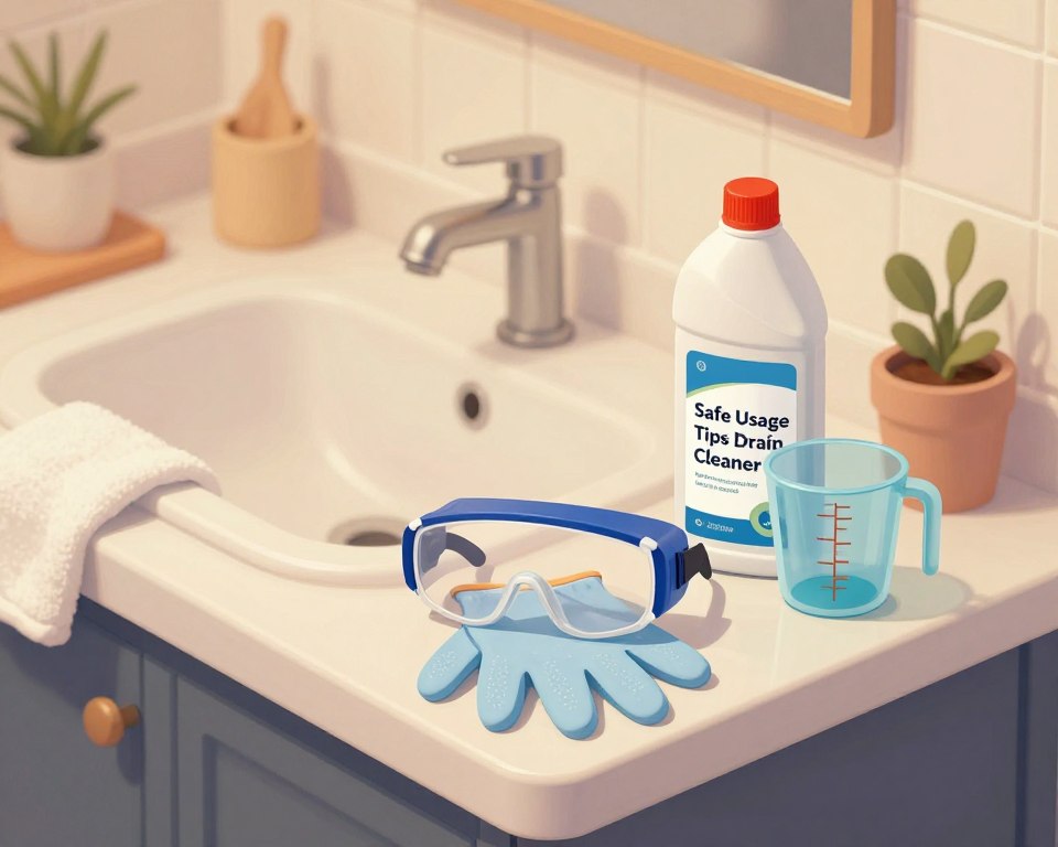 A visually informative and engaging illustration of "Safe Usage Tips for Drain Cleaner" in a small bathroom setting. In the foreground, display a neatly organized bathroom countertop featuring essential safety gear: gloves, safety goggles, and a measuring cup beside a bottle of drain cleaner with a clear label. The middle ground should include a sink with a partially unclogged drain, with a clean towel draped nearby, emphasizing a tidy environment. The background features soft, warm lighting illuminating ceramic tiles and minimalistic decor, creating a comfortable atmosphere. The camera angle should focus on the countertop from slightly above, capturing the safety items prominently while maintaining the cozy feel of the bathroom. The overall mood is informative and reassuring, perfect for conveying safety tips.