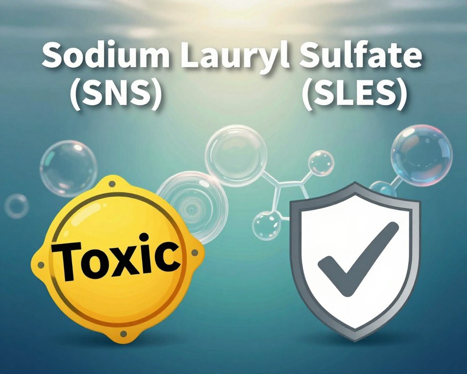 A visually striking and informative composition focused on the myths and misconceptions surrounding Sodium Lauryl Sulfate (SLS) and Sodium Laureth Sulfate (SLES). In the foreground, feature a split-image design: on one side, vibrant, exaggerated representations of common myths (like an exaggerated "toxic" label) and on the other, clear, factual symbols (like a shield or checkmark symbolizing safety). In the middle ground, use abstract visual metaphors like swirling bubbles or chemical structures, softly illuminated to convey clarity amidst confusion. The background should be a subtle gradient of calming blues and greens, enhancing the sense of trust and knowledge. Soft, diffused lighting from above creates a professional and approachable atmosphere. Overall, aim for a mood of enlightenment and safety, avoiding clutter and maintaining focus on the topic. A visually striking and informative composition focused on the myths and misconceptions surrounding Sodium Lauryl Sulfate (SLS) and Sodium Laureth Sulfate (SLES). In the foreground, feature a split-image design: on one side, vibrant, exaggerated representations of common myths (like an exaggerated "toxic" label) and on the other, clear, factual symbols (like a shield or checkmark symbolizing safety). In the middle ground, use abstract visual metaphors like swirling bubbles or chemical structures, softly illuminated to convey clarity amidst confusion. The background should be a subtle gradient of calming blues and greens, enhancing the sense of trust and knowledge. Soft, diffused lighting from above creates a professional and approachable atmosphere. Overall, aim for a mood of enlightenment and safety, avoiding clutter and maintaining focus on the topic.
