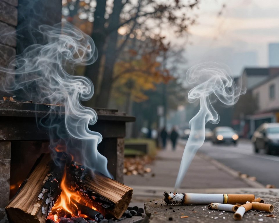 A visually striking comparative analysis of wood smoke and cigarette smoke. In the foreground, a split image shows a glowing fireplace emitting smoky, swirling wood smoke on one side, contrasted by a glowing cigarette with wisps of cigarette smoke on the other. In the middle ground, a serene forest scene appears on the wood smoke side, showcasing trees and autumn foliage, while an urban setting with a busy street and scattered cigarette butts presents the cigarette smoke side. The background features a hazy skyline with soft, diffused light filtering through the smoke, creating an ethereal atmosphere. Lens effects highlight the textures of both types of smoke, suggesting their different compositions and impacts. The mood is contemplative and informative, inviting the viewer to ponder the health implications of each type of smoke.