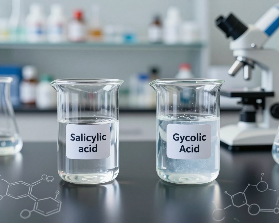 A visually striking comparison between salicylic acid and glycolic acid in a laboratory setting. In the foreground, two glass beakers stand on a polished black table. The left beaker, labeled with a sleek, modern tag, contains a crystal-clear liquid representing salicylic acid, while the right, also labeled, displays a vibrant, slightly cloudy solution for glycolic acid. The middle ground features subtle visual elements, such as chemical structures and molecular diagrams faintly overlaying the table, adding an educational touch. In the background, soft laboratory lighting highlights a shelf of skincare products and scientific equipment, conveying a professional and sterile atmosphere. The overall mood is informative and engaging, perfect for a scientific audience. A visually striking comparison between salicylic acid and glycolic acid in a laboratory setting. In the foreground, two glass beakers stand on a polished black table. The left beaker, labeled with a sleek, modern tag, contains a crystal-clear liquid representing salicylic acid, while the right, also labeled, displays a vibrant, slightly cloudy solution for glycolic acid. The middle ground features subtle visual elements, such as chemical structures and molecular diagrams faintly overlaying the table, adding an educational touch. In the background, soft laboratory lighting highlights a shelf of skincare products and scientific equipment, conveying a professional and sterile atmosphere. The overall mood is informative and engaging, perfect for a scientific audience.