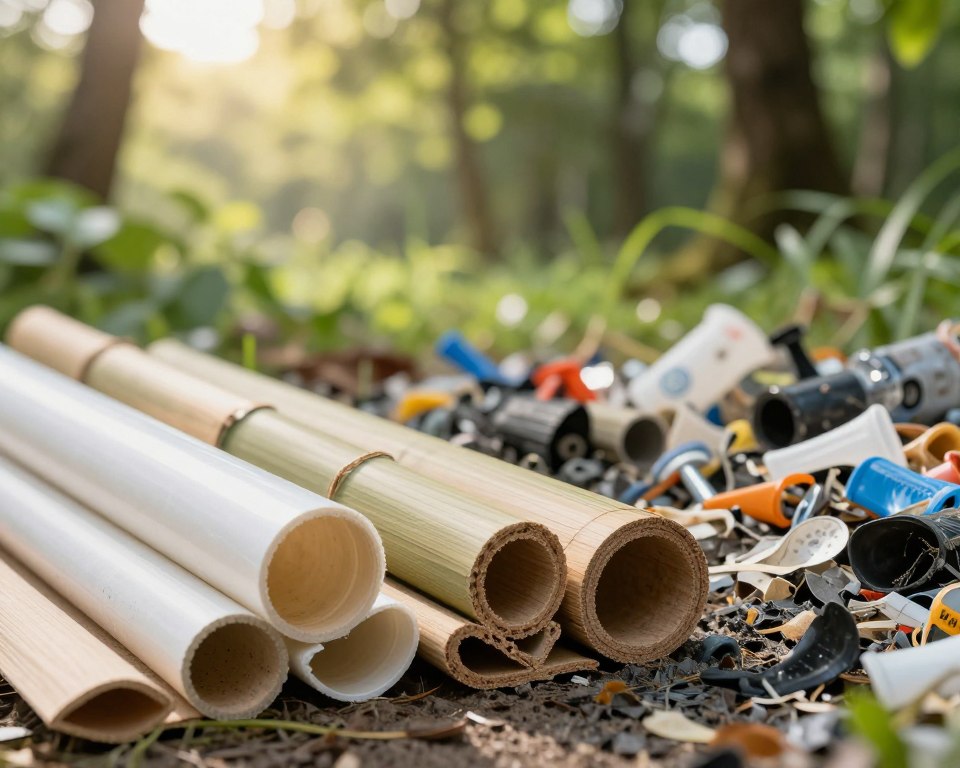 A visually striking comparison of PVC and alternative materials in an environmental context. In the foreground, showcase a cross-section of PVC alongside eco-friendly alternatives like bamboo and recycled paper, highlighting their textures and characteristics. In the middle ground, depict a vibrant clean environment juxtaposed with polluted landscapes showing PVC waste, emphasizing the environmental impact. The background should feature a lush forest under bright sunlight, symbolizing sustainability and health. Use natural lighting to create a warm atmosphere, capturing the contrast between the materials. Opt for a soft-focus lens effect in the background to enhance the overall depth and mood, focusing on the tension between synthetic and natural products. The composition should evoke a sense of urgency and responsibility towards choosing sustainable materials.