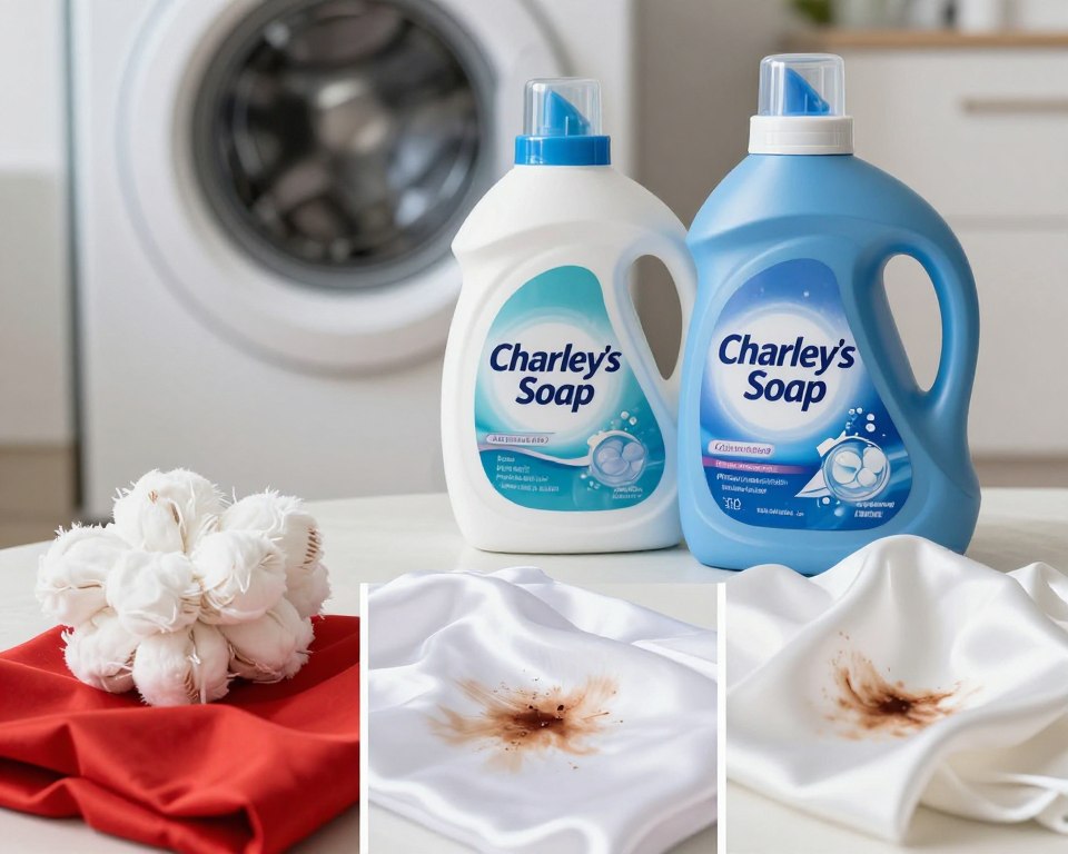 A visually striking comparison of laundry detergent performance on various fabric types, featuring three distinct sections in a well-lit room. In the foreground, display vibrant fabric swatches: cotton, polyester, and delicate silk, each stained with realistic dirt or food stains. The middle section showcases two bottles of laundry detergent, one labeled ‘Charley’s Soap’ and the other a traditional detergent, emphasized through contrasting colors and sleek designs. In the background, a washing machine is partially visible, creating a domestic yet professional atmosphere. Utilize soft, natural lighting to highlight the textures of the fabrics and the clarity of the detergent labels. The overall mood should convey clarity and professionalism, inviting readers to consider the visual impact of detergent effectiveness on different materials. A visually striking comparison of laundry detergent performance on various fabric types, featuring three distinct sections in a well-lit room. In the foreground, display vibrant fabric swatches: cotton, polyester, and delicate silk, each stained with realistic dirt or food stains. The middle section showcases two bottles of laundry detergent, one labeled ‘Charley’s Soap’ and the other a traditional detergent, emphasized through contrasting colors and sleek designs. In the background, a washing machine is partially visible, creating a domestic yet professional atmosphere. Utilize soft, natural lighting to highlight the textures of the fabrics and the clarity of the detergent labels. The overall mood should convey clarity and professionalism, inviting readers to consider the visual impact of detergent effectiveness on different materials.