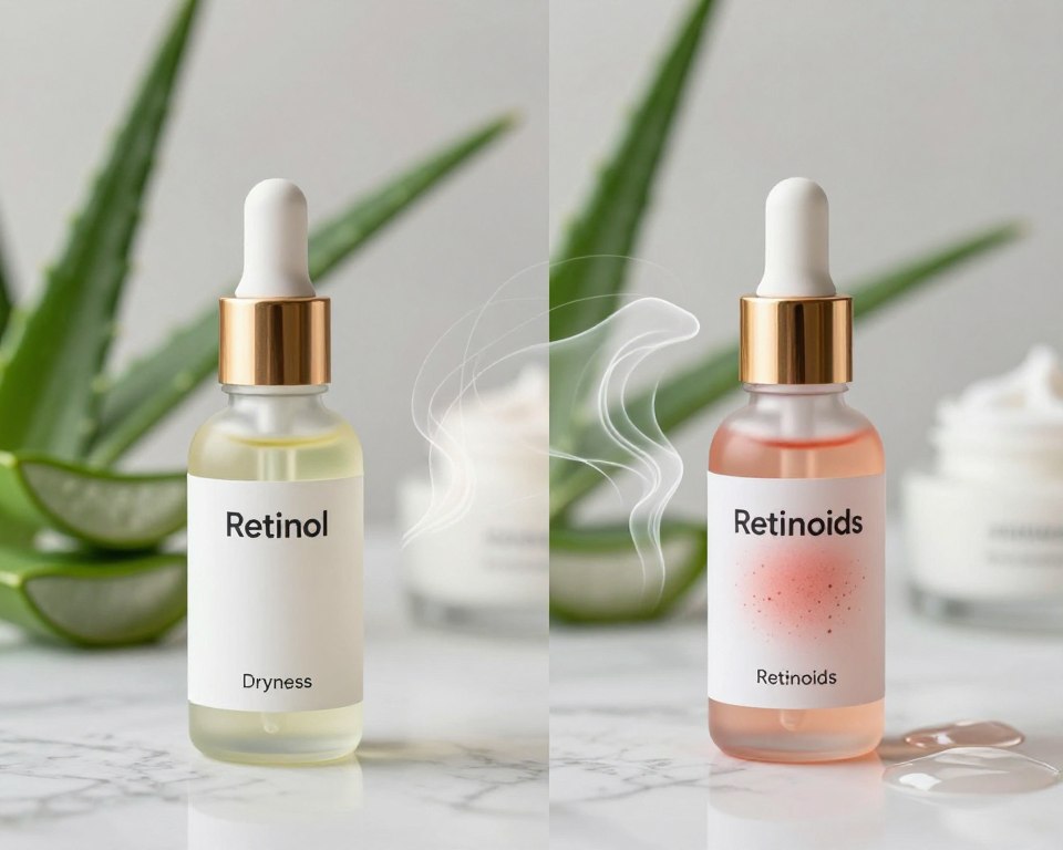 A visually striking comparison of retinol versus retinoids, illustrating their side effects in a dual-panel format. The foreground features two elegant skincare product bottles, one labeled "Retinol" and the other "Retinoids," both set on a polished marble surface. In the middle, a delicate, translucent overlay depicts common side effects like redness, dryness, and peeling skin; these are artistically represented as gentle, swirling patterns around the bottles. The background showcases soothing, soft-focus skincare elements like aloe vera leaves and hydrating creams, creating a calming atmosphere. Soft, diffused lighting enhances the products' textures, with a shallow depth of field that draws attention to the bottles while blurring the background. Aim for an informative yet aesthetic mood, suitable for a professional skincare article.