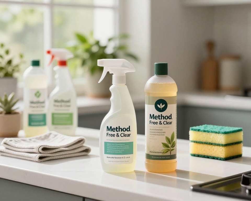 A visually striking comparison of two eco-friendly cleaning products, Method Free & Clear and Seventh Generation, placed prominently in the foreground on a clean, white kitchen countertop. Method Free & Clear is represented by its sleek, minimalist bottle design with gentle curves, while Seventh Generation stands tall, showcasing its earthy packaging. In the middle ground, a well-organized array of plant-based cleaning supplies, including cloths and sponges, creates an inviting atmosphere. The background features soft-focus greenery, evoking a sense of nature and sustainability. The scene is bathed in natural light, providing a warm glow that highlights the freshness of the products, while a shallow depth of field emphasizes the bottles' features. The mood is clean, fresh, and environmentally conscious, reinforcing the theme of allergy-friendly cleaning solutions.