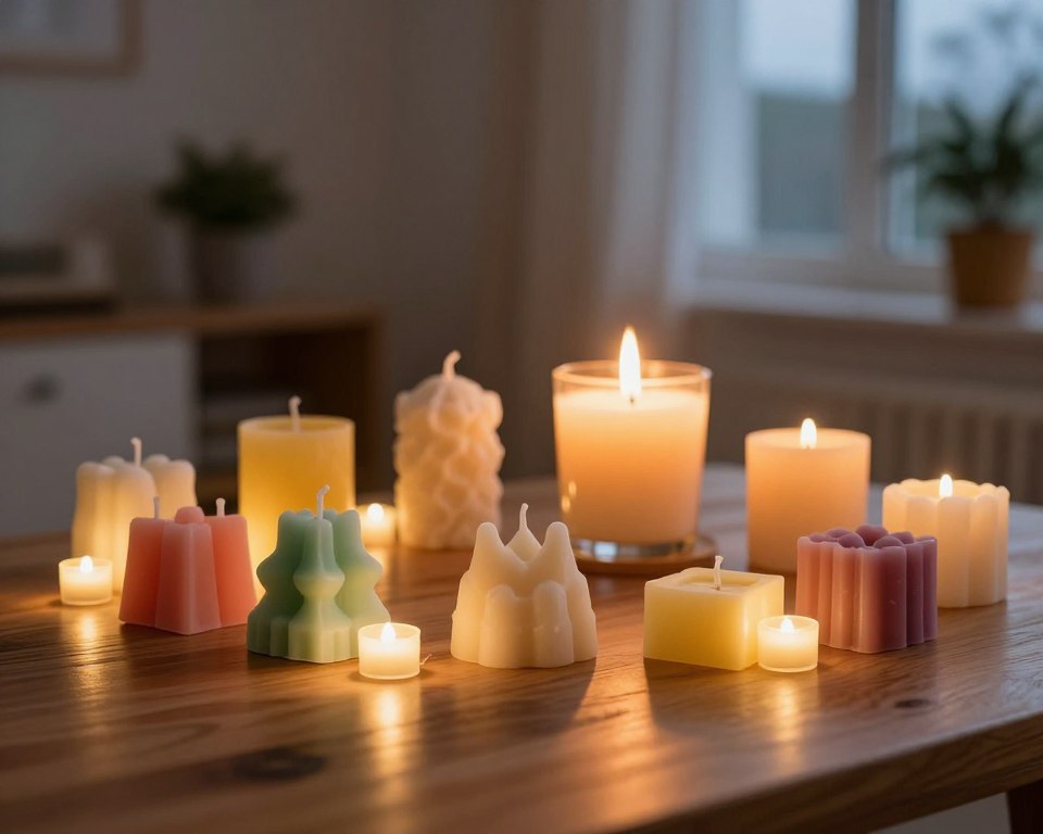 A visually striking comparison of wax melts and candles placed side by side on a polished wooden surface. In the foreground, a colorful array of wax melts with different shapes and scents, surrounded by softly glowing LED lights that emphasize their appeal. In the middle ground, a lit candle with a warm, vibrant flame casting flickering shadows and creating a cozy atmosphere. In the background, a serene, softly lit room with neutral tones, subtle decorations like houseplants, and a window showing a twilight sky. The lighting is soft, highlighting the textures of the wax melts and candle, creating a calm yet informative mood that captures the essence of fire safety surrounding both items. The angle is slightly tilted for an engaging perspective that enhances the visual contrast.