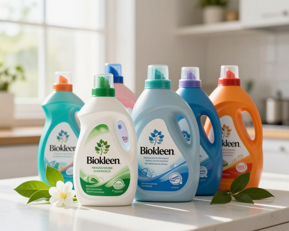 A visually striking comparison scene featuring Biokleen and conventional detergent brands. In the foreground, place a Biokleen bottle, sleek and eco-friendly in design, surrounded by natural elements like green leaves and flowers, symbolizing purity. Next to it, display several conventional detergent bottles, showcasing their vibrant colors and plastic packaging, arranged in a less appealing manner. In the middle ground, use a bright, clean kitchen setting with a window allowing natural sunlight to illuminate the products. In the background, blur out the surroundings slightly to maintain focus on the detergents. The overall mood should evoke a fresh and environmentally conscious atmosphere, emphasizing the contrast between biodegradable and traditional cleaning products. Use soft, warm lighting to enhance the inviting feeling of the setting. A visually striking comparison scene featuring Biokleen and conventional detergent brands. In the foreground, place a Biokleen bottle, sleek and eco-friendly in design, surrounded by natural elements like green leaves and flowers, symbolizing purity. Next to it, display several conventional detergent bottles, showcasing their vibrant colors and plastic packaging, arranged in a less appealing manner. In the middle ground, use a bright, clean kitchen setting with a window allowing natural sunlight to illuminate the products. In the background, blur out the surroundings slightly to maintain focus on the detergents. The overall mood should evoke a fresh and environmentally conscious atmosphere, emphasizing the contrast between biodegradable and traditional cleaning products. Use soft, warm lighting to enhance the inviting feeling of the setting.