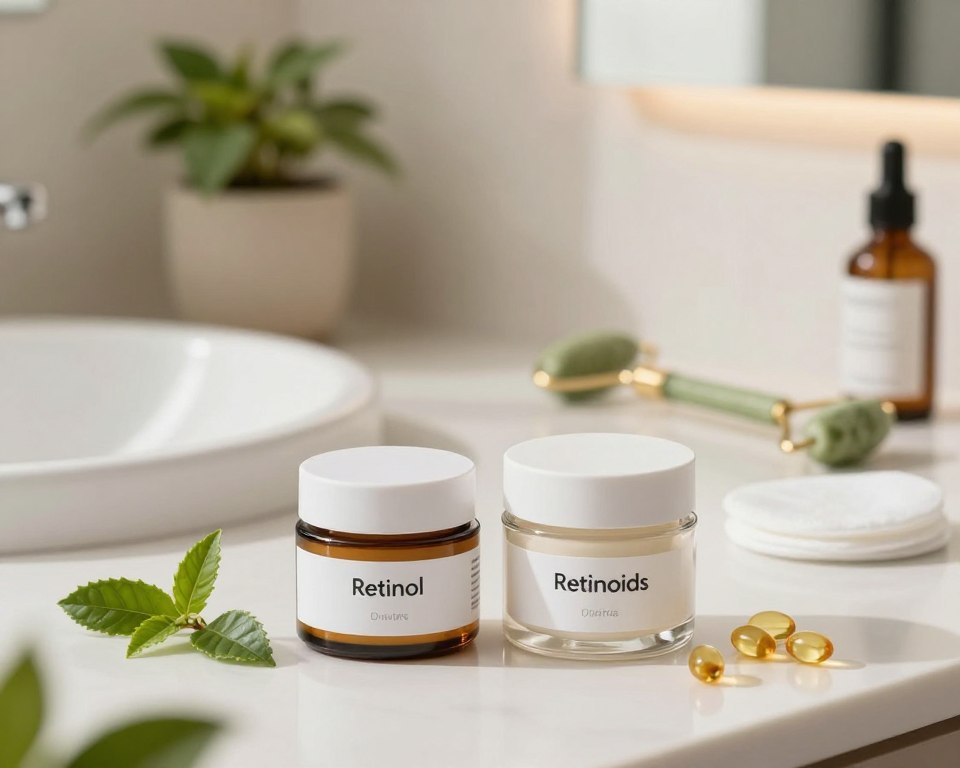 A visually striking composition illustrating retinol and retinoids in skincare, focusing on their integration into a comprehensive routine. In the foreground, place two elegantly designed skincare jars labeled "Retinol" and "Retinoids," surrounded by fresh ingredients like green tea leaves and vitamin E capsules. In the middle ground, include a clean, well-organized vanity with skincare tools like a jade roller and cotton pads, all harmoniously arranged. The background features a softly lit bathroom setting with potted plants and ambient lighting, conveying a serene and luxurious atmosphere. The scene should evoke a sense of calm and professionalism, inviting viewers into the world of skincare. Use soft, natural light with a warm tone to create an inviting mood, framed with a slight depth of field to emphasize the jars in focus.