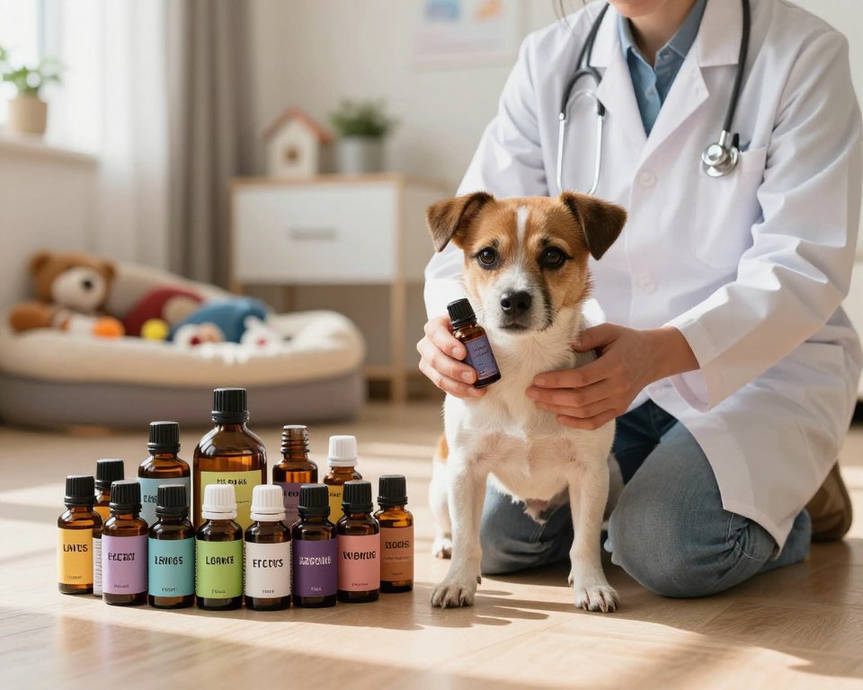 A visually striking composition illustrating the concept of essential oil toxicity in household pets. In the foreground, a concerned veterinarian kneels next to a caged dog, examining a bottle of essential oil. The dog's expression conveys curiosity and slight discomfort, embodying the risks associated with essential oils. In the middle ground, a vibrant display of various essential oil bottles, each labeled with potential effects on pets, creating a sense of urgency. The background features a warmly lit home environment, with a cozy pet corner including toys and a plush bed, enhancing the domestic atmosphere. Soft, natural lighting casts gentle shadows, evoking a serious yet educational mood. The perspective should focus on the interaction between the veterinarian and pet, inviting viewers to engage with the topic of safety.