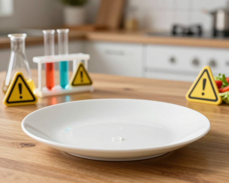 A visually striking composition illustrating the potential health effects of melamine plates. In the foreground, a pristine, modern melamine plate is placed on a fashionable wooden table, showcasing a colorful salad with a few drops of liquid that suggest chemical leaching. In the middle ground, a pair of lab beakers filled with colorful substances hint at tests being conducted, surrounded by caution symbols representing health risks. In the background, softly blurred images of a kitchen environment provide context, with warm lighting highlighting the plate and beakers. The mood is thought-provoking and slightly cautionary, invoking a sense of curiosity and concern about everyday dinnerware. Capture this scene with a shallow depth of field, using soft focus on the background to emphasize the foreground elements.