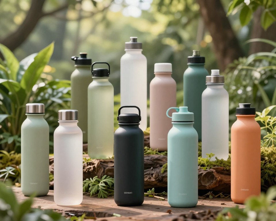 A visually striking composition of sustainable water bottle choices arranged in an elegant display. In the foreground, focus on a variety of reusable plastic water bottles showcasing different shapes, sizes, and colors, all made from eco-friendly materials. The middle ground features natural elements, such as lush green plants and earthy textures, emphasizing the connection to nature and environmental sustainability. In the background, soft, diffused sunlight filters through trees, creating a serene atmosphere. The scene is captured with a shallow depth of field, highlighting the bottles while gently blurring the background. The overall mood is uplifting and harmonious, conveying a message of sustainability and conscious choices in a modern lifestyle.