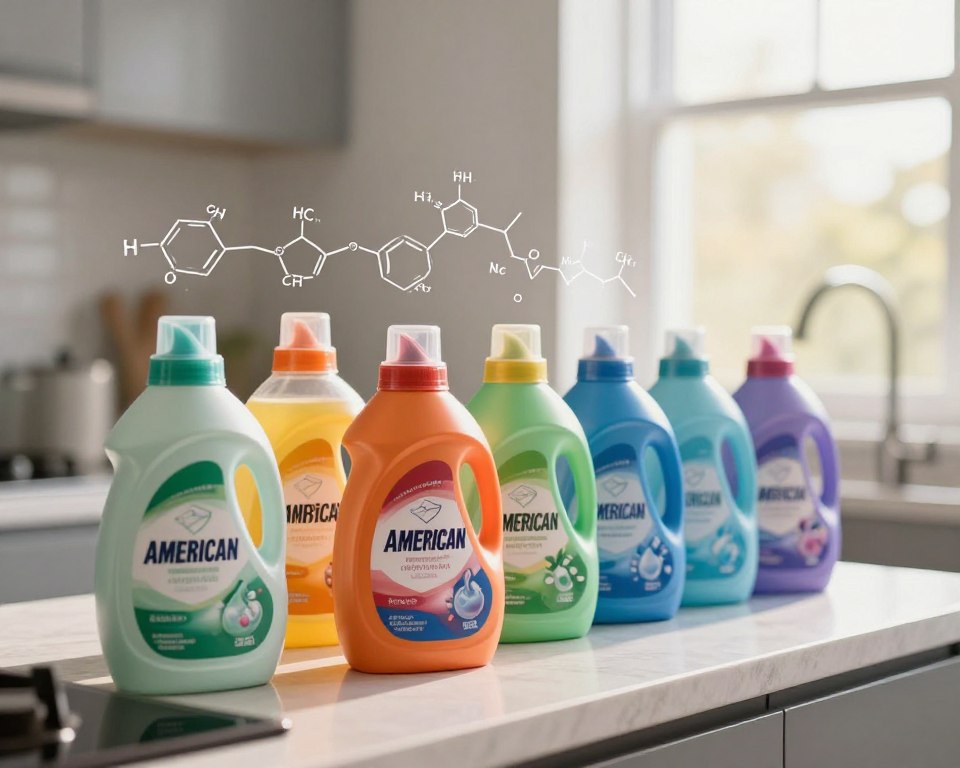 A visually striking composition showcasing a variety of American household laundry detergents on a clean, modern kitchen countertop. In the foreground, focus on open detergent bottles with vibrant labels, emphasizing synthetic musks through chemical structure illustrations hovering above each bottle. In the middle ground, a cascading rainbow of detergent colors blends together, symbolizing environmental persistence. The background features a sunlit window, casting soft, warm light that highlights the transparency of the detergent bottles, creating a sense of freshness and purity. The overall mood is thought-provoking, blending scientific inquiry with everyday life. Use a shallow depth of field to softly blur the background, drawing attention to the bottles. Capture the scene using a macro lens, adding intricate details to the labels and the textures of the countertops.