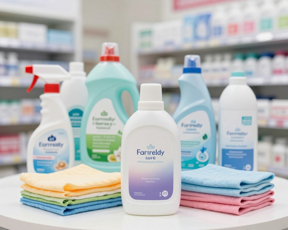 A visually striking composition showcasing a variety of fabric care products such as liquid fabric softeners, dryer sheets, and spray fabric fresheners. In the foreground, place a sleek bottle of fabric softener with a subtle gradient label and a textured cap, flanked by colorful dryer sheets in an elegant arrangement. The middle ground includes an array of eco-friendly fabric care items, highlighting an emphasis on natural ingredients. In the background, a well-organized pharmacy shelf can be seen, with soft, diffused lighting that creates a serene and professional atmosphere. Use a slightly elevated angle to capture the depth of products displayed. The overall mood should convey expertise and awareness, reflecting a pharmacist's perspective on chemical sensitivities and safety in fabric care.