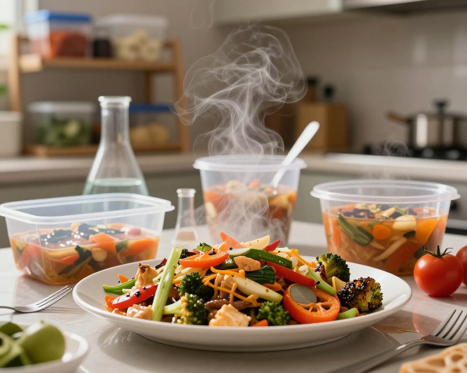 A visually striking composition showcasing an array of vibrant, steaming hot food items like a colorful stir-fry, soup, and grilled vegetables arranged artistically on a shiny, white plate in the foreground. Surrounding the food, translucent plastic containers and utensils hint at chemical pollution — possibly with faint, swirling mist to represent endocrine disruptors. In the background, a softly lit kitchen scene with blurred shelves filled with plastic storage solutions evokes a sense of commonality and health concerns. The lighting is warm, emphasizing the steam from the food while casting delicate shadows that add depth. The atmosphere feels informative yet cautionary, illustrating the relationship between food and plastic exposure in a subtle and thought-provoking manner.