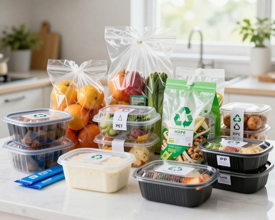 A visually striking composition showcasing common plastics used in food packaging. In the foreground, various types of plastic containers, wrappers, and bags are displayed, clearly labeled with recycling symbols and material types like PET, HDPE, and PP. The middle ground features a vibrant array of packaged food items such as fruits, vegetables, and take-out meals in their plastic wraps and containers. The background features a softly blurred kitchen setting with natural light streaming through a window, enhancing the focus on the packaging. Use a slight overhead angle to emphasize the layers of packaging, creating a clean and informative atmosphere. The lighting should be bright and inviting, evoking a sense of curiosity about the materials.