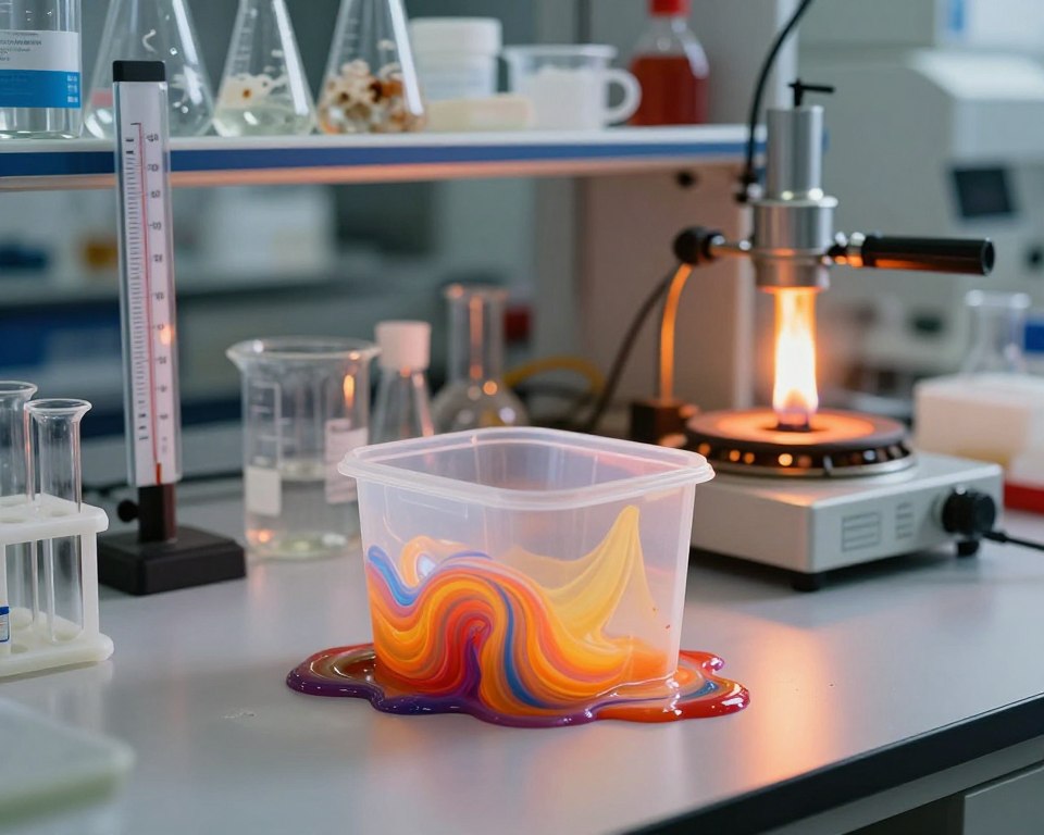 A visually striking composition showcasing the impact of heat on plastic stability and chemical migration, centered around a laboratory setting. In the foreground, a melting plastic container with vivid, swirling colors represents the breakdown process. The middle ground features laboratory equipment, such as beakers and thermometers, with visible heat sources, like a Bunsen burner and a hot plate, illuminating the scene with a warm glow. The background displays shelves filled with various plastic types, some exhibiting signs of degradation. Use soft, diffused lighting to create a scientific atmosphere, emphasizing the textures of the plastics and the heat effects. Capture the scene from a slightly elevated angle to enhance depth, while maintaining a professional and informative mood, suitable for educational purposes.